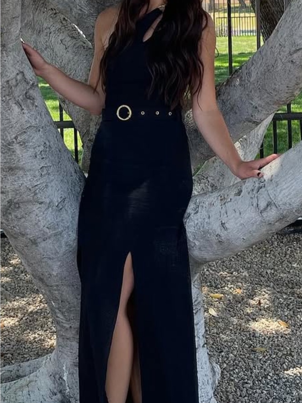 One-Shoulder Black Maxi Dress with Gold Buckle Belt